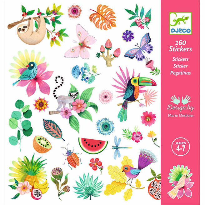 Djeco verpakking van 160 stickers met een paradijs thema, inclusief dieren, bloemen en vruchten.