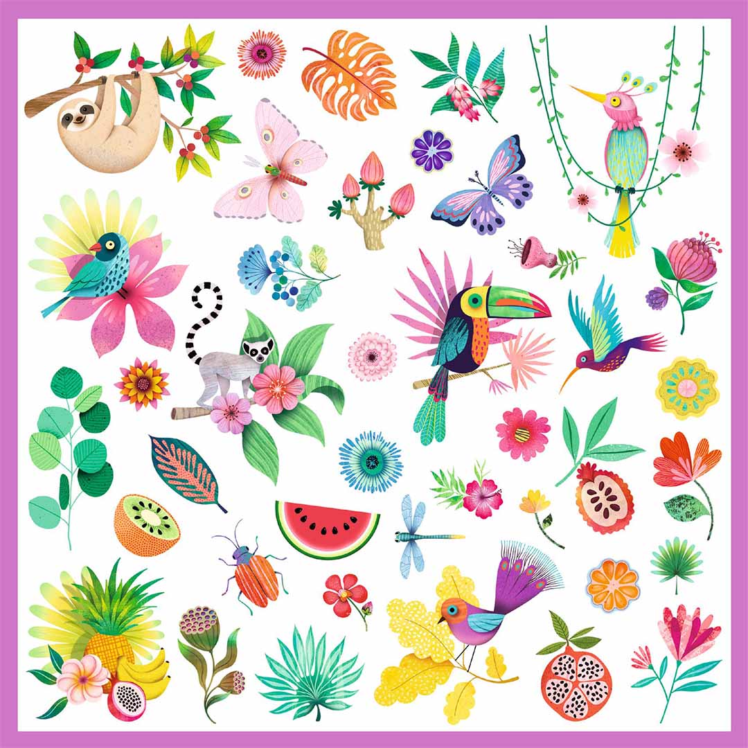 Een vel Djeco stickers met een kleurrijk paradijs thema, inclusief luiaard, toekan, vlinders, bloemen en vruchten.