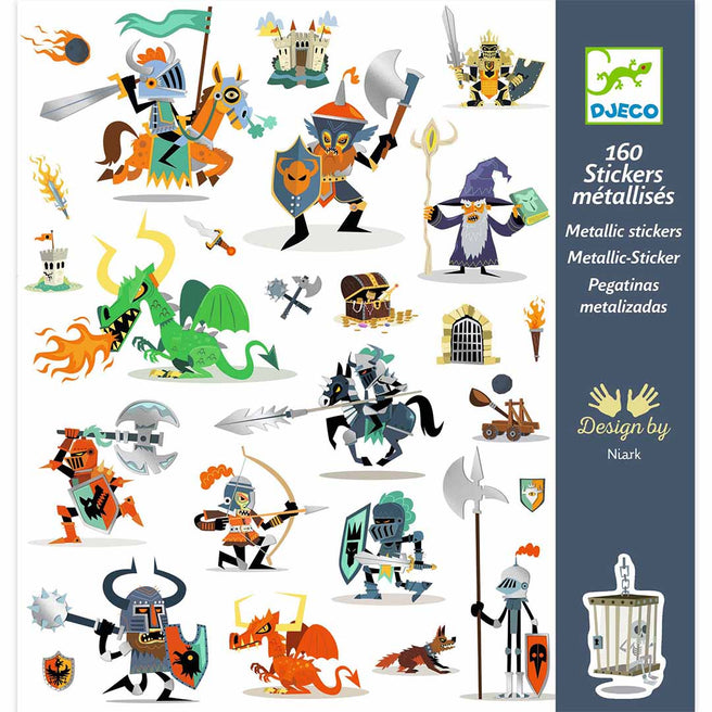 Djeco verpakking van 160 metallic ridderstickers met diverse figuren.