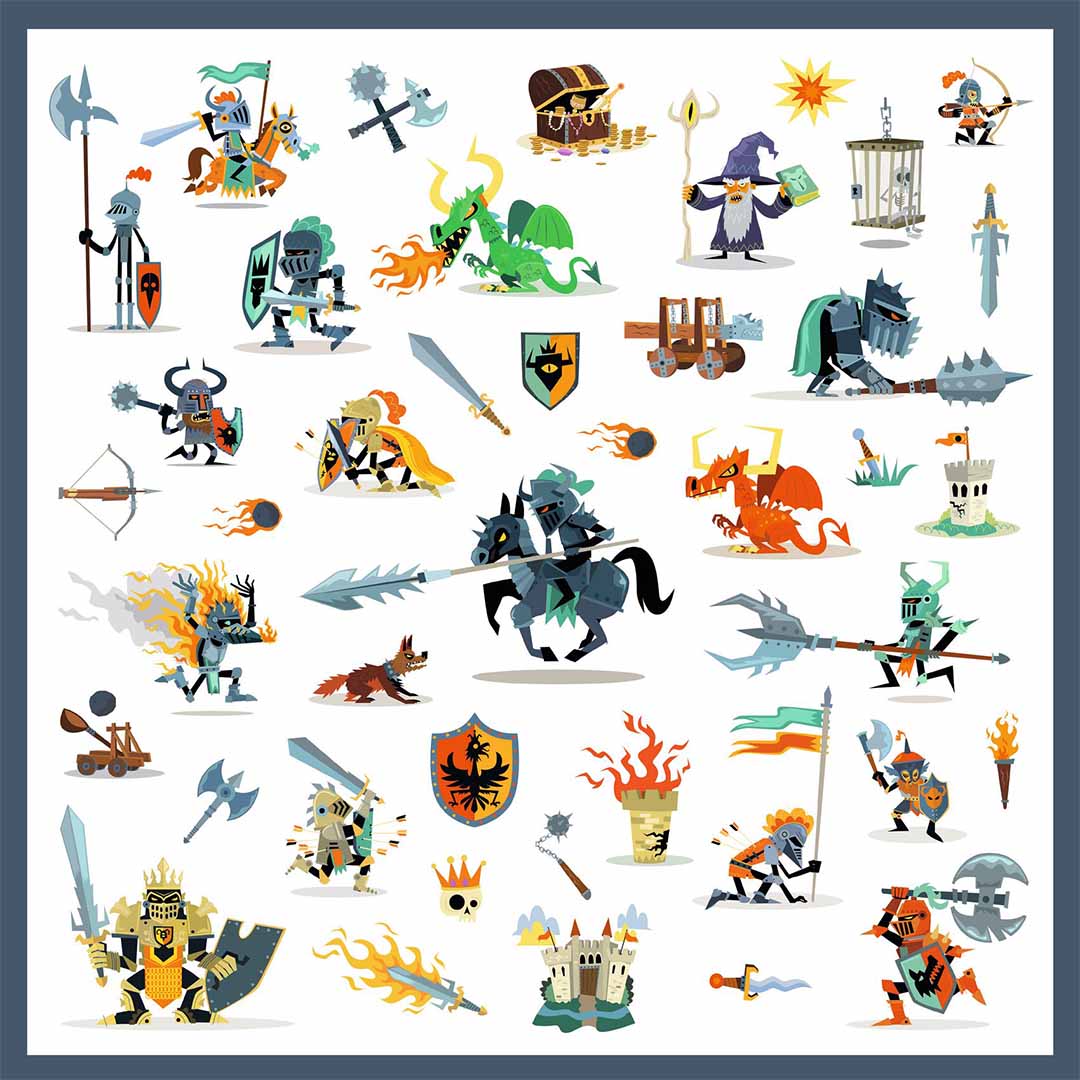 Een volledig vel met Djeco ridderstickers, met diverse ridders, draken en magische figuren.