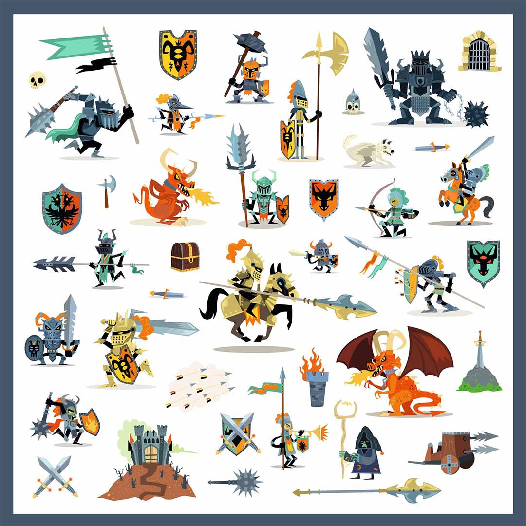 Een volledig vel met Djeco ridderstickers, inclusief ridders, draken en kastelen.