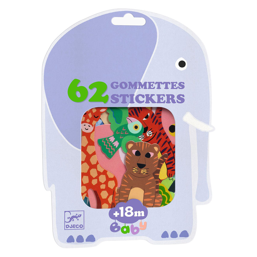 Djeco verpakking van 62 savannedieren stickers voor baby's, in de vorm van een olifant.