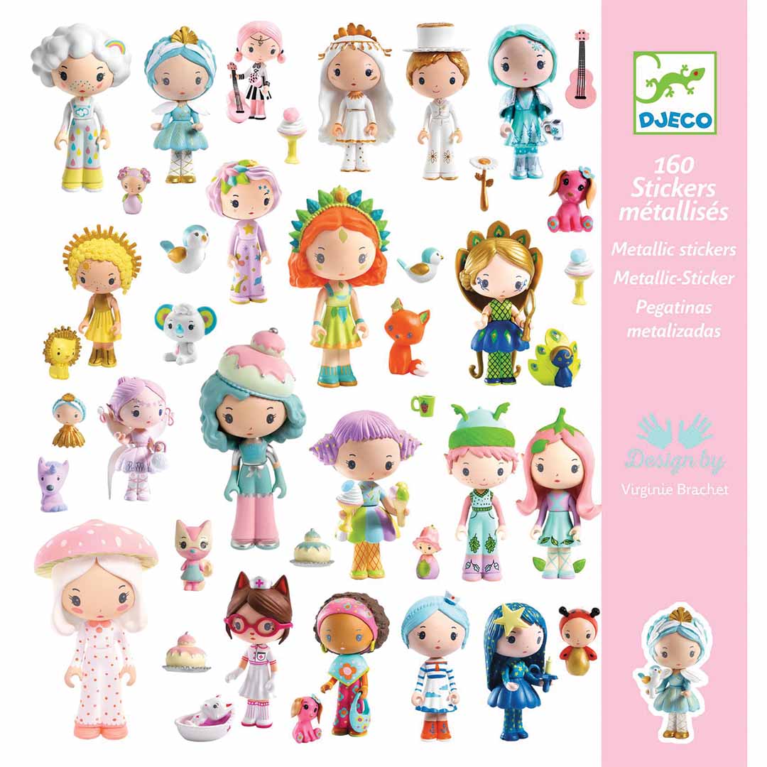 De verpakking van Djeco Tinyly metallic stickers met een overzicht van 160 diverse poppetjes en accessoires.