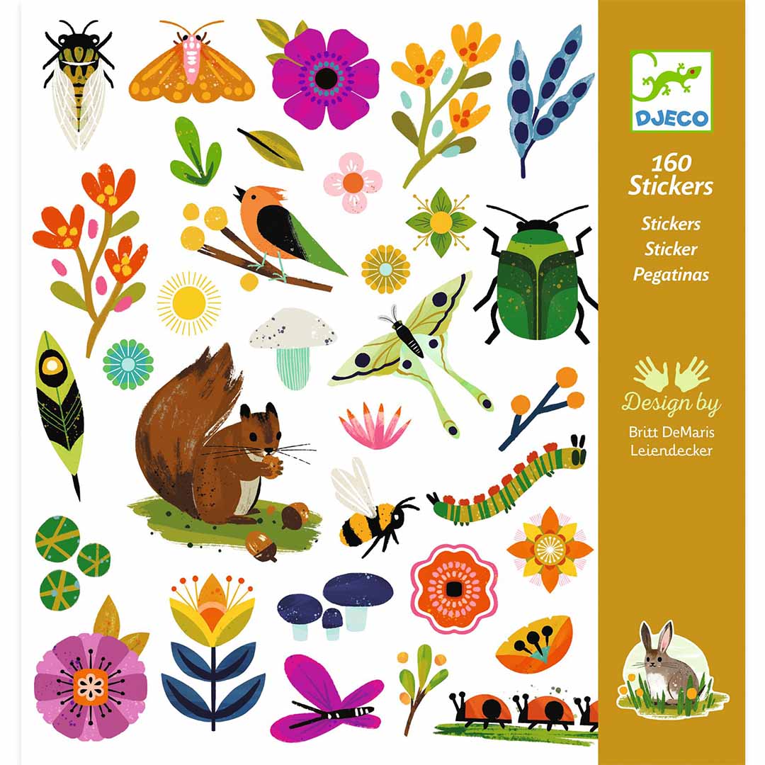Djeco verpakking van 160 stickers met diverse insecten, bloemen en dieren in natuurthema.