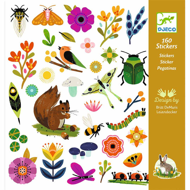 Djeco verpakking van 160 stickers met diverse insecten, bloemen en dieren in natuurthema.