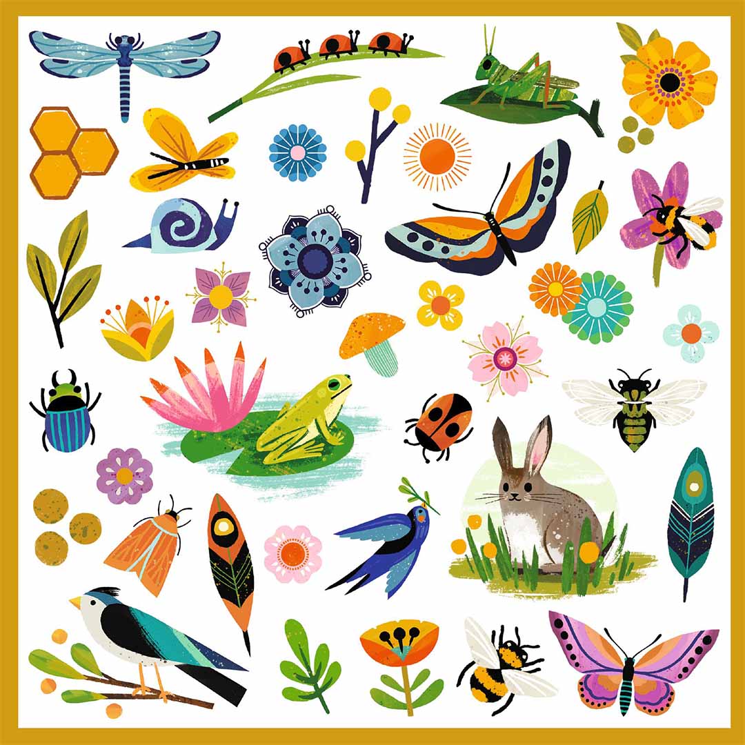 Een vel Djeco stickers met een kikker, konijn, vogels, insecten en bloemen in natuurthema.