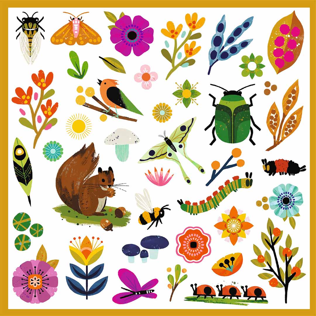 Een vel Djeco stickers met een eekhoorn, vogels, insecten en bloemen in natuurthema.