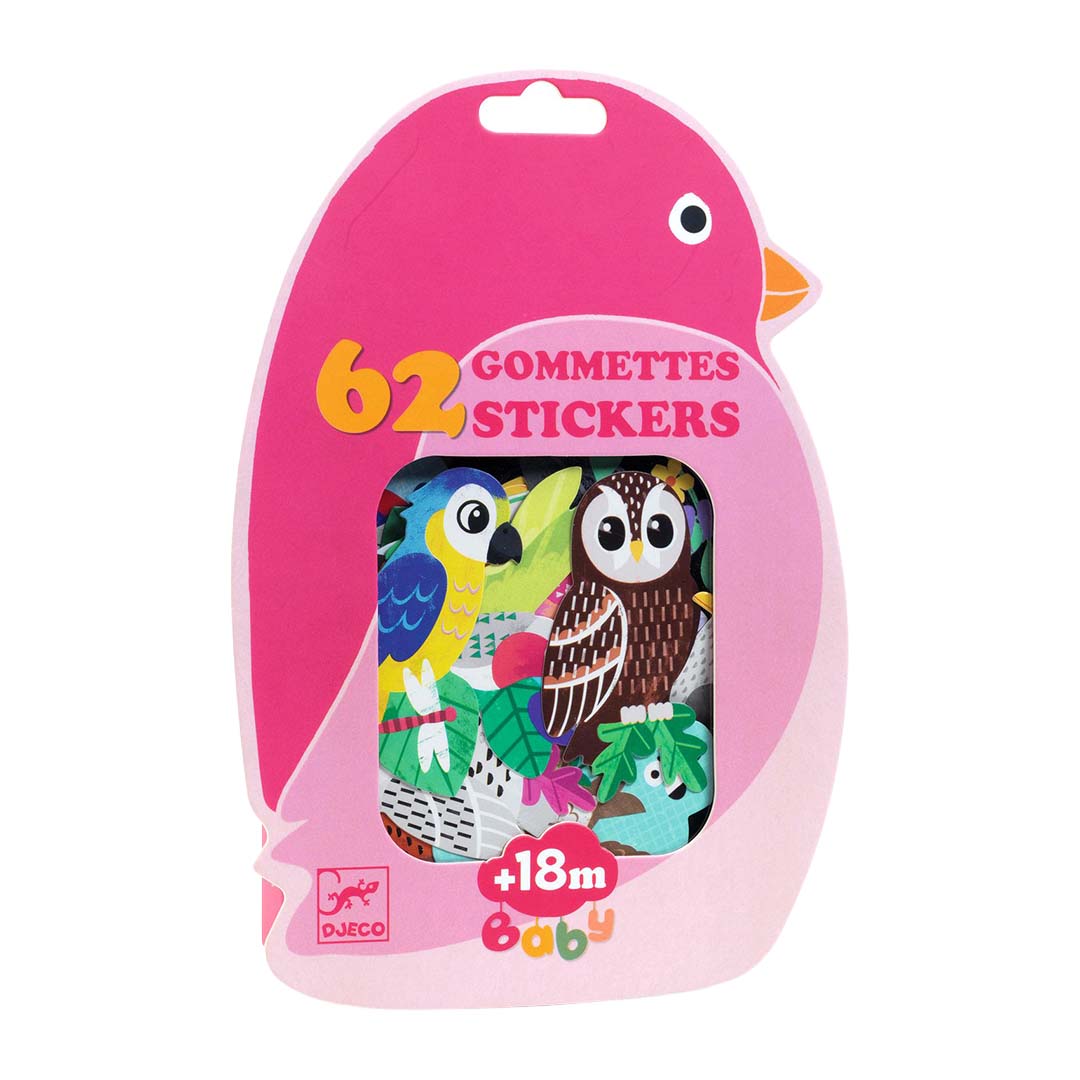 Djeco verpakking van 62 vogelstickers voor baby's, met een papegaai en uil zichtbaar.