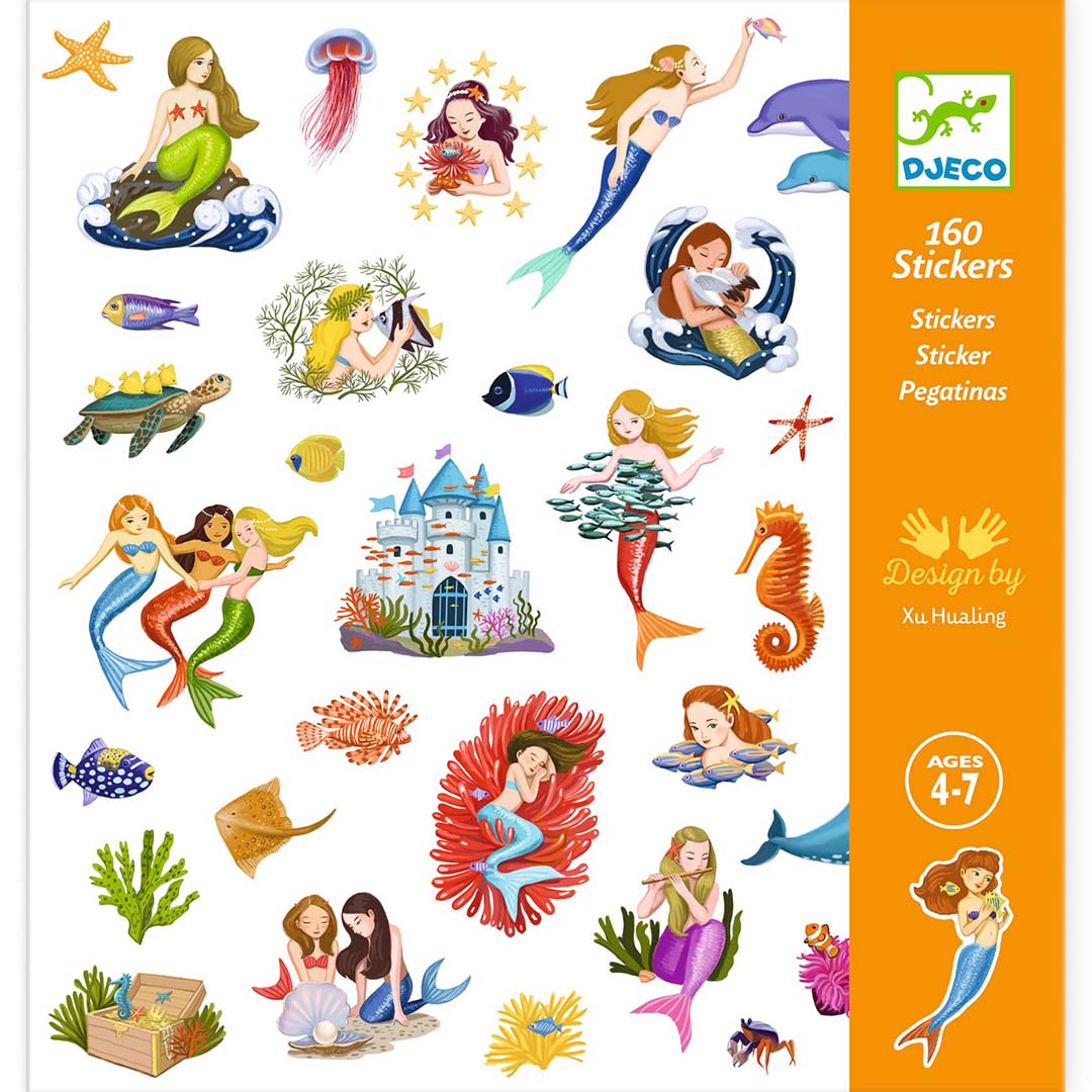 De Djeco verpakking van de zeemeermin stickers met diverse zeemeerminnen en zeedieren.