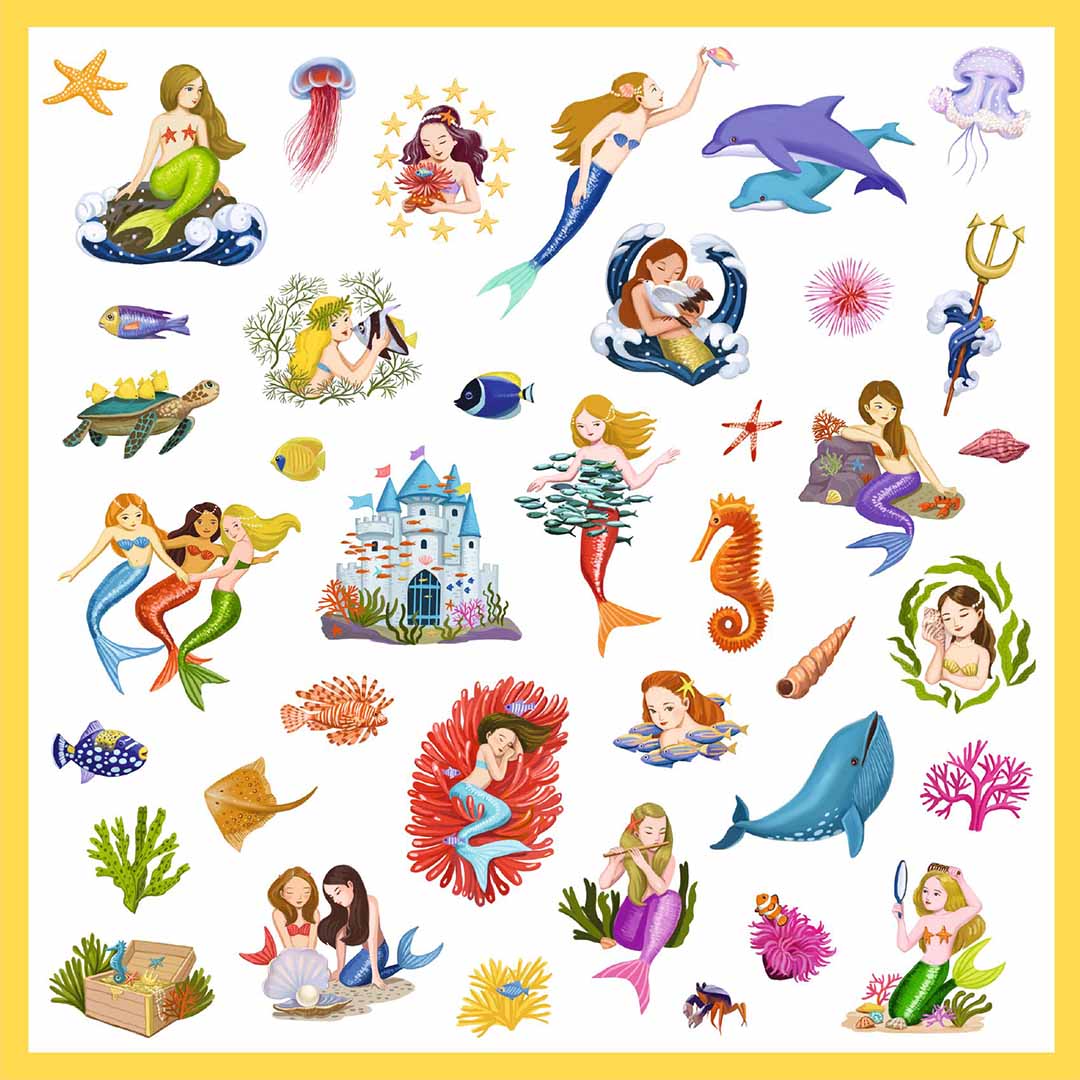 Een vel met diverse Djeco zeemeermin en zee-thema stickers.