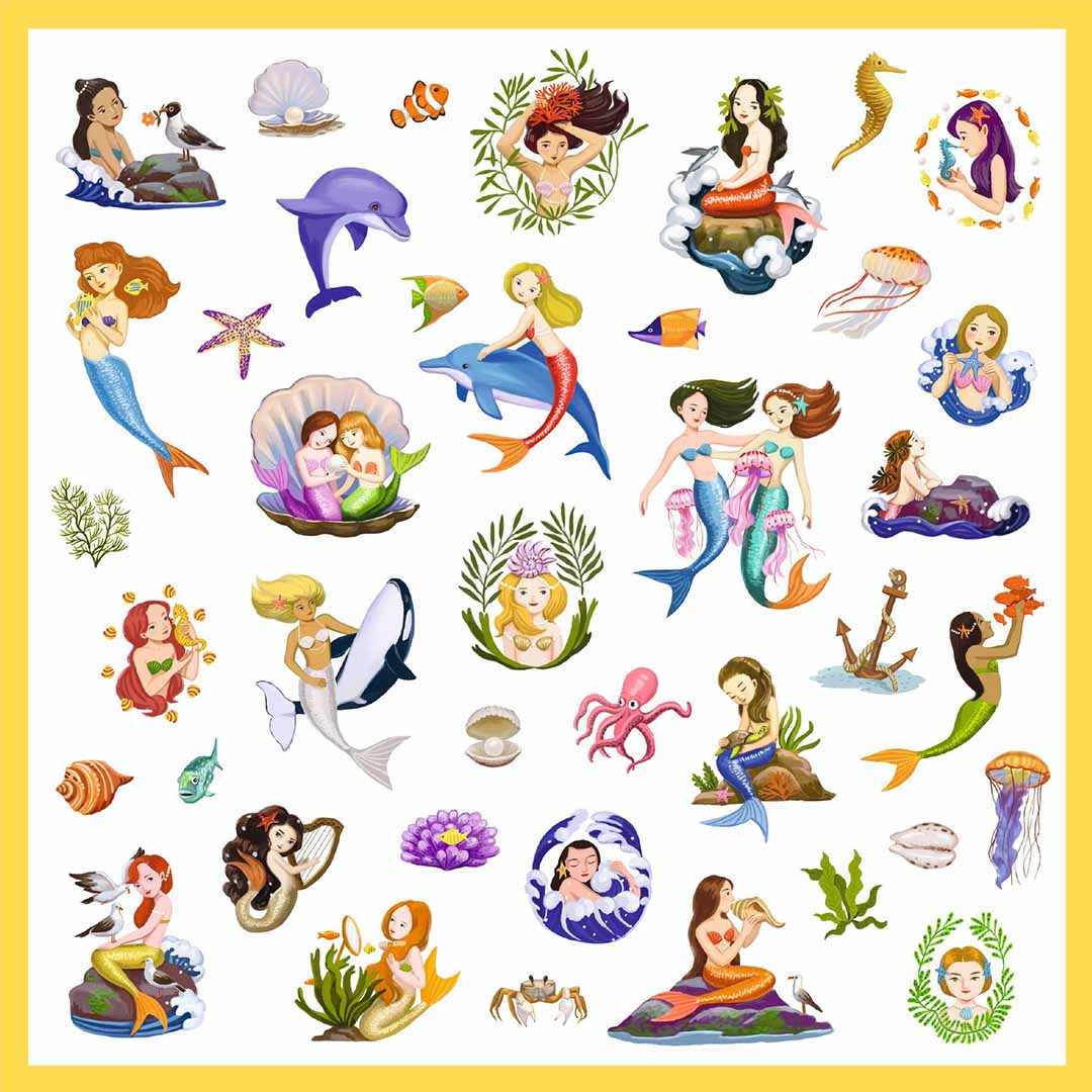 Een vel met diverse Djeco zeemeermin en zee-thema stickers.