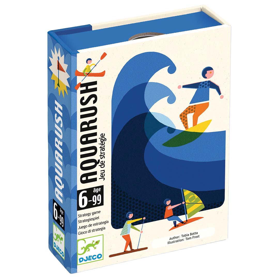 Djeco Aquarush strategiespel verpakking met illustraties van watersporters op golven.