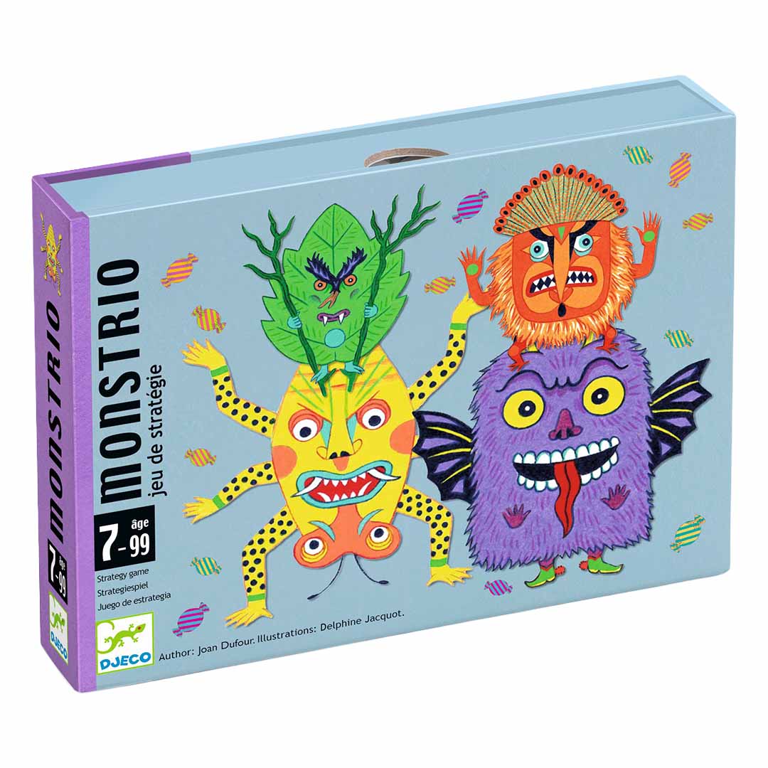 Djeco Monstrio strategiespel verpakking met drie kleurrijke monsterfiguren.