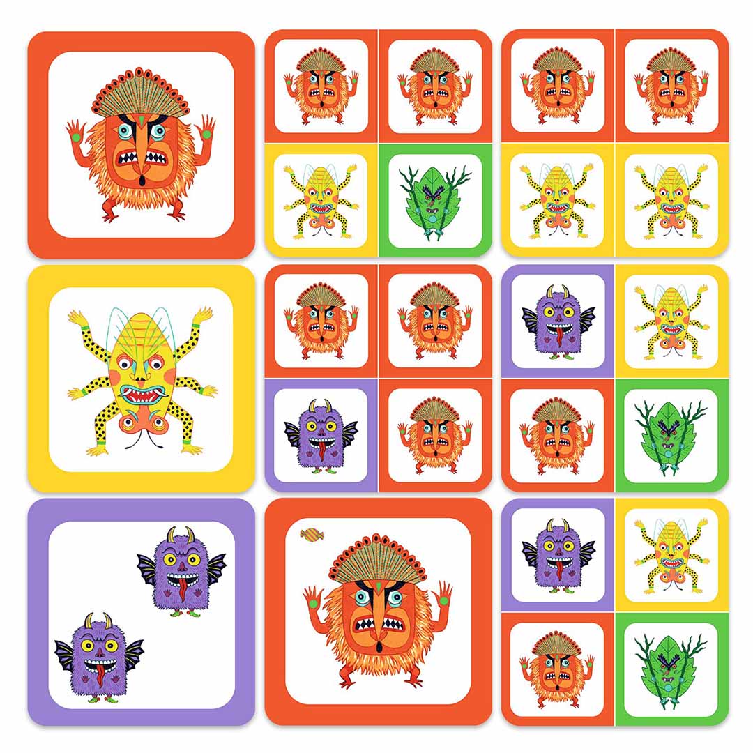 Een overzicht van de kleurrijke monster speelkaarten van het Monstrio strategiespel.