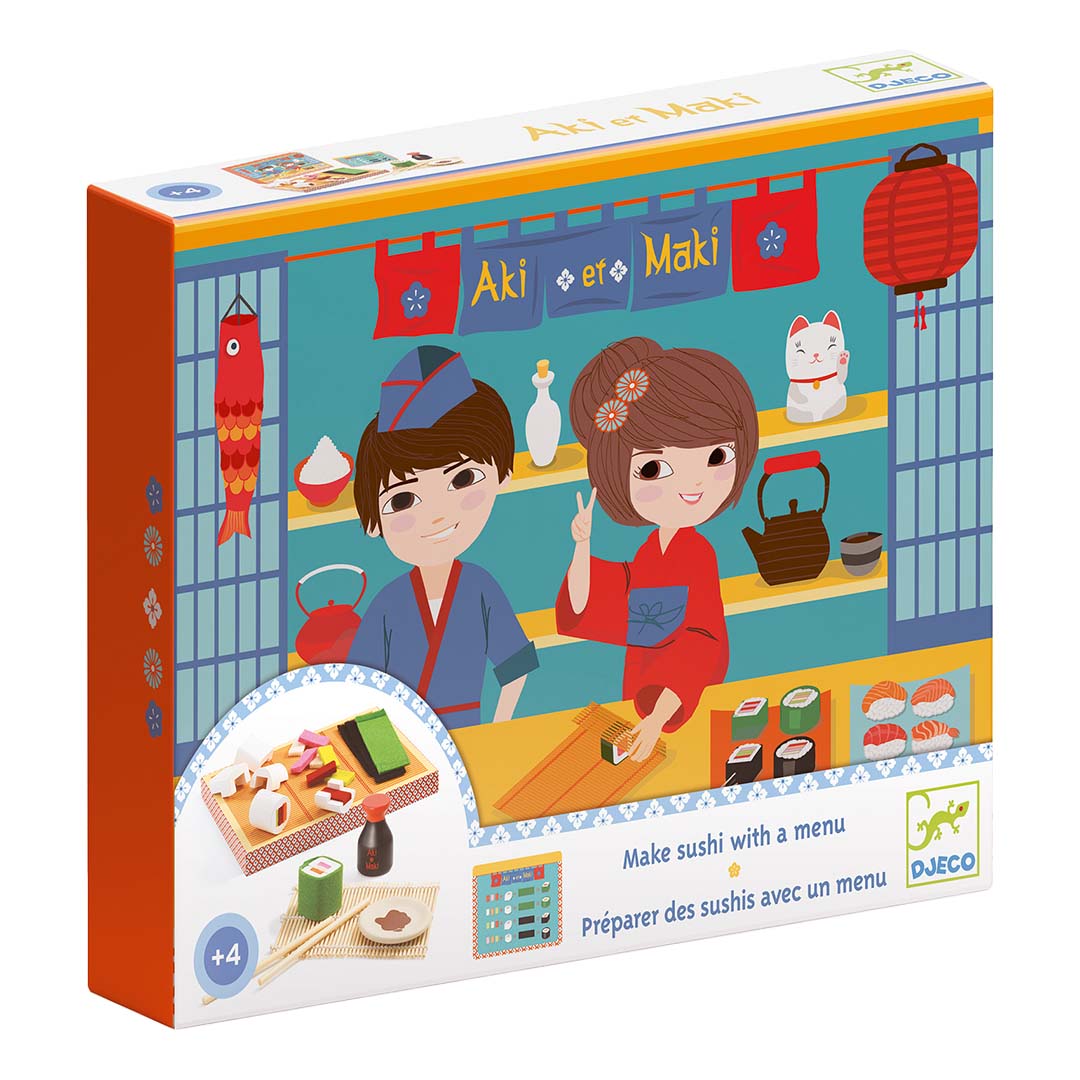 De verpakking van de Djeco speelgoed sushi set met een illustratie van kinderen die sushi maken.