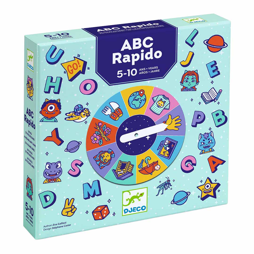 Djeco ABC Rapido taalspel verpakking met kleurrijke letters en figuren.