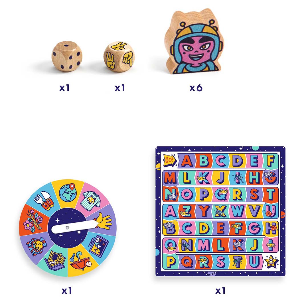 Infographic van de Djeco ABC Rapido bordspel onderdelen, met dobbelstenen, houten speelfiguren, spinner en speelbord.