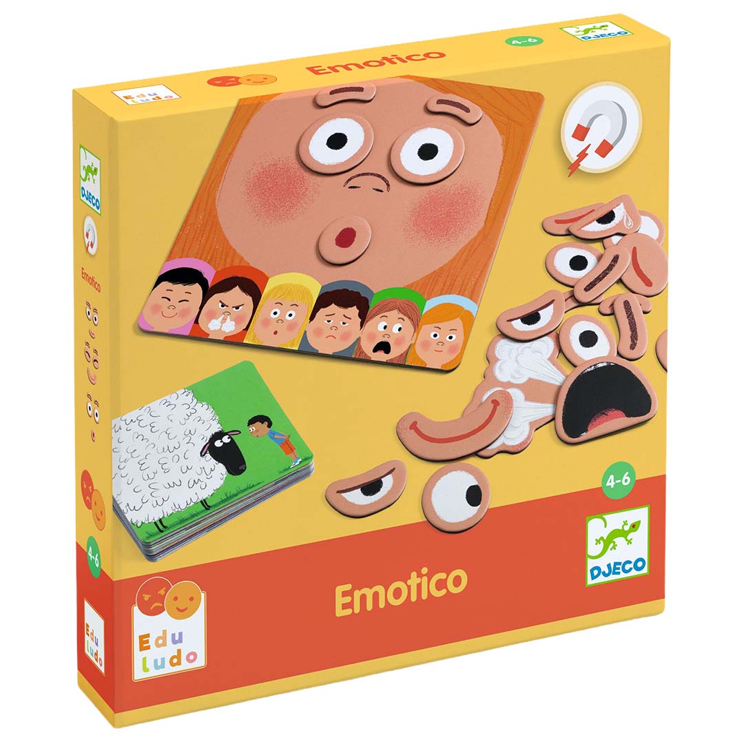 Verpakking van het Djeco Emotico educatief spel met een gezicht en losse magnetische onderdelen.