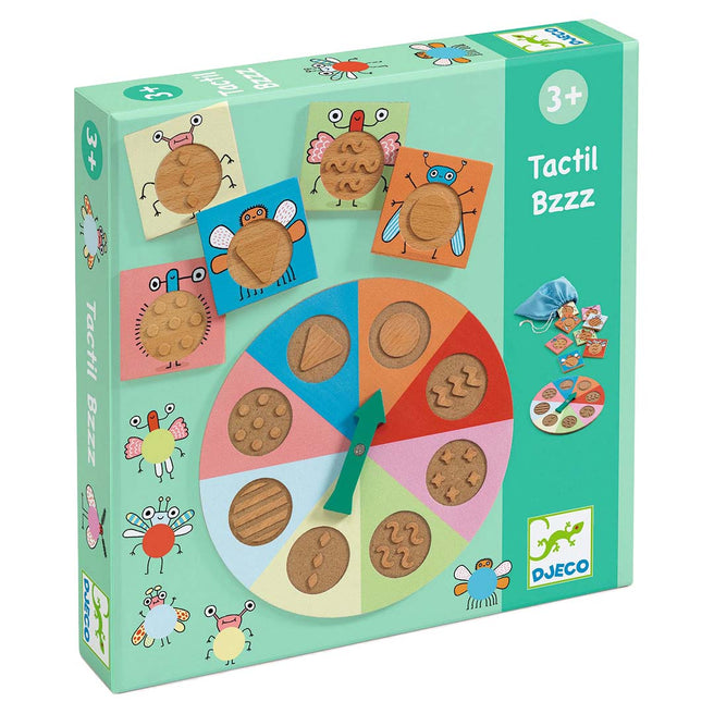 Djeco Tactil Bzzz tactiel spel verpakking met kleurrijke spinner en insectentegels.