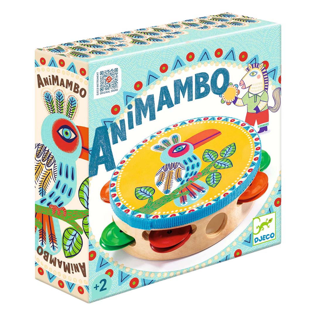 De verpakking van de Djeco Animambo houten tamboerijn met vogelpatroon.
