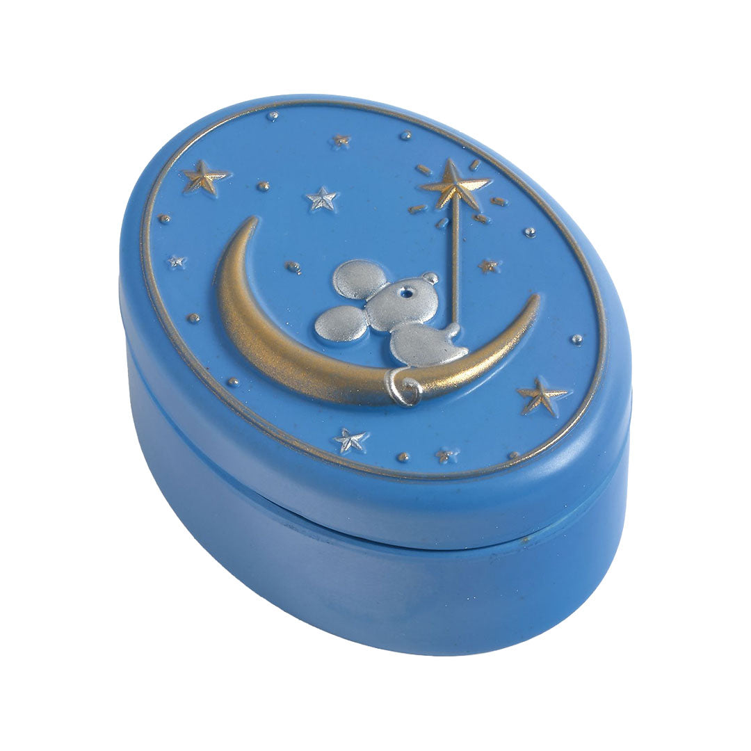 Djeco blauw tandendoosje met een zilveren muis op een gouden maan en sterren.