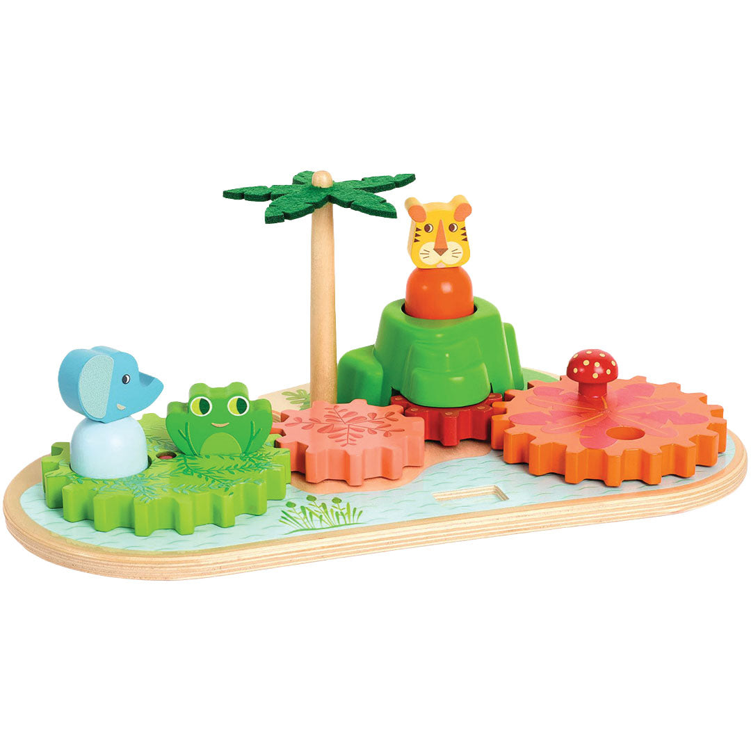 Djeco houten tandwielspel met jungle dieren zoals een olifant, kikker en tijger, en een palmboom.