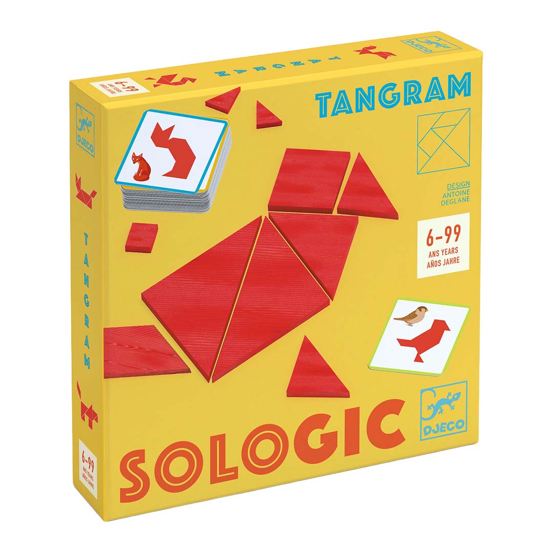 Djeco Tangram puzzel verpakking met rode geometrische vormen en voorbeeldkaarten.