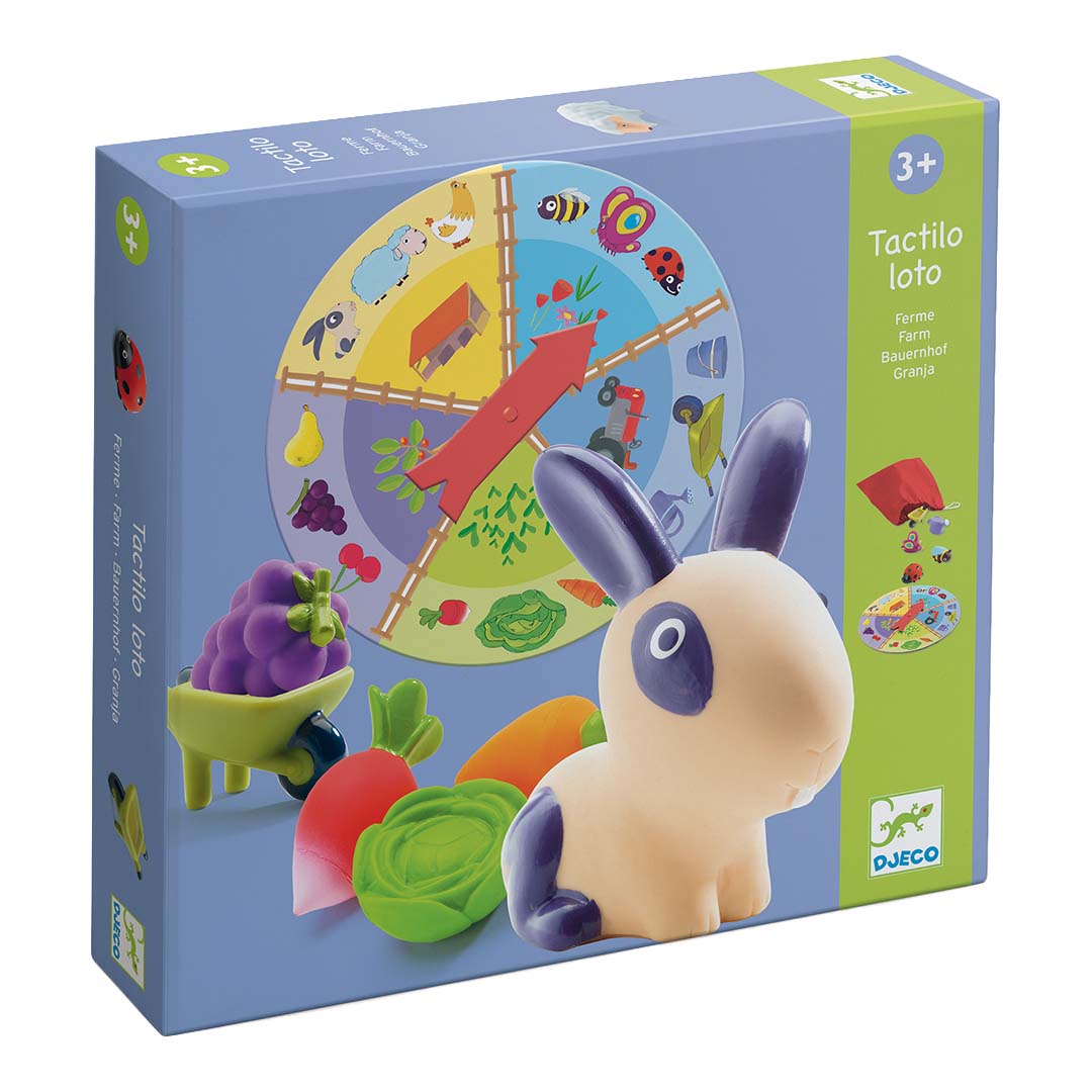 Djeco tastspelletje Tactilo Loto verpakking met een konijnfiguur en groenten.