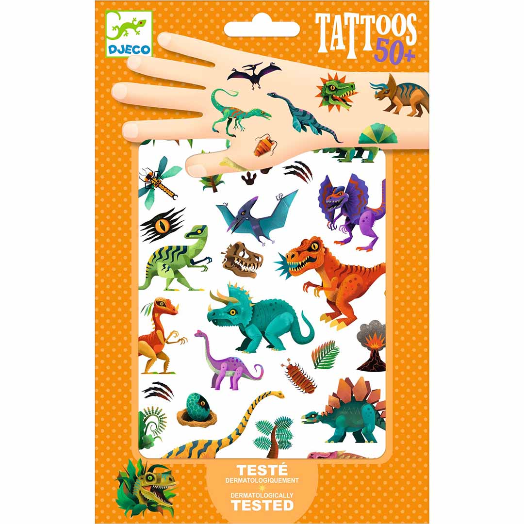 Djeco tijdelijke kindertatoeages met dinosaurus thema, op de verpakking.