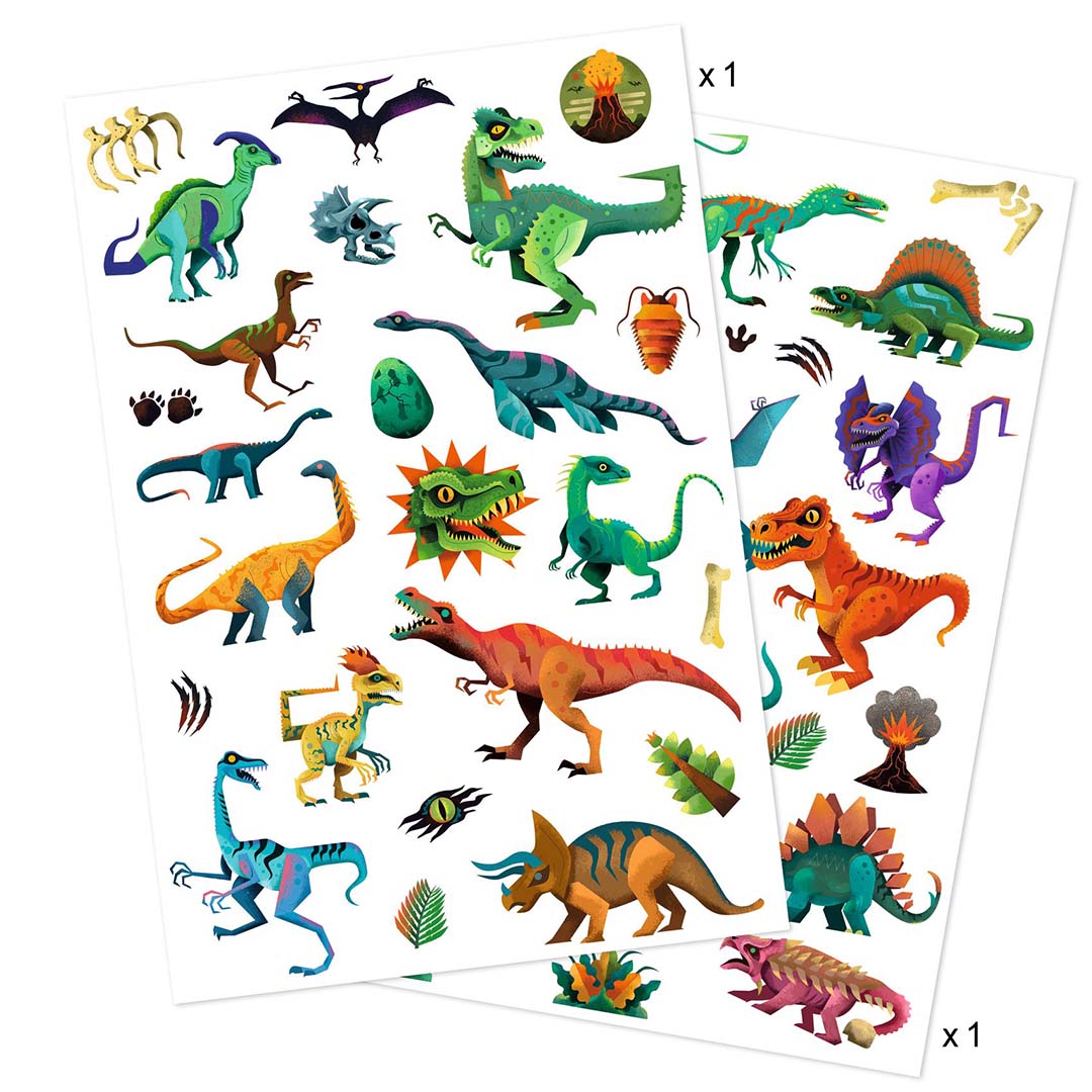 Twee vellen Djeco tijdelijke tatoeages met diverse kleurrijke dinosaurussen.