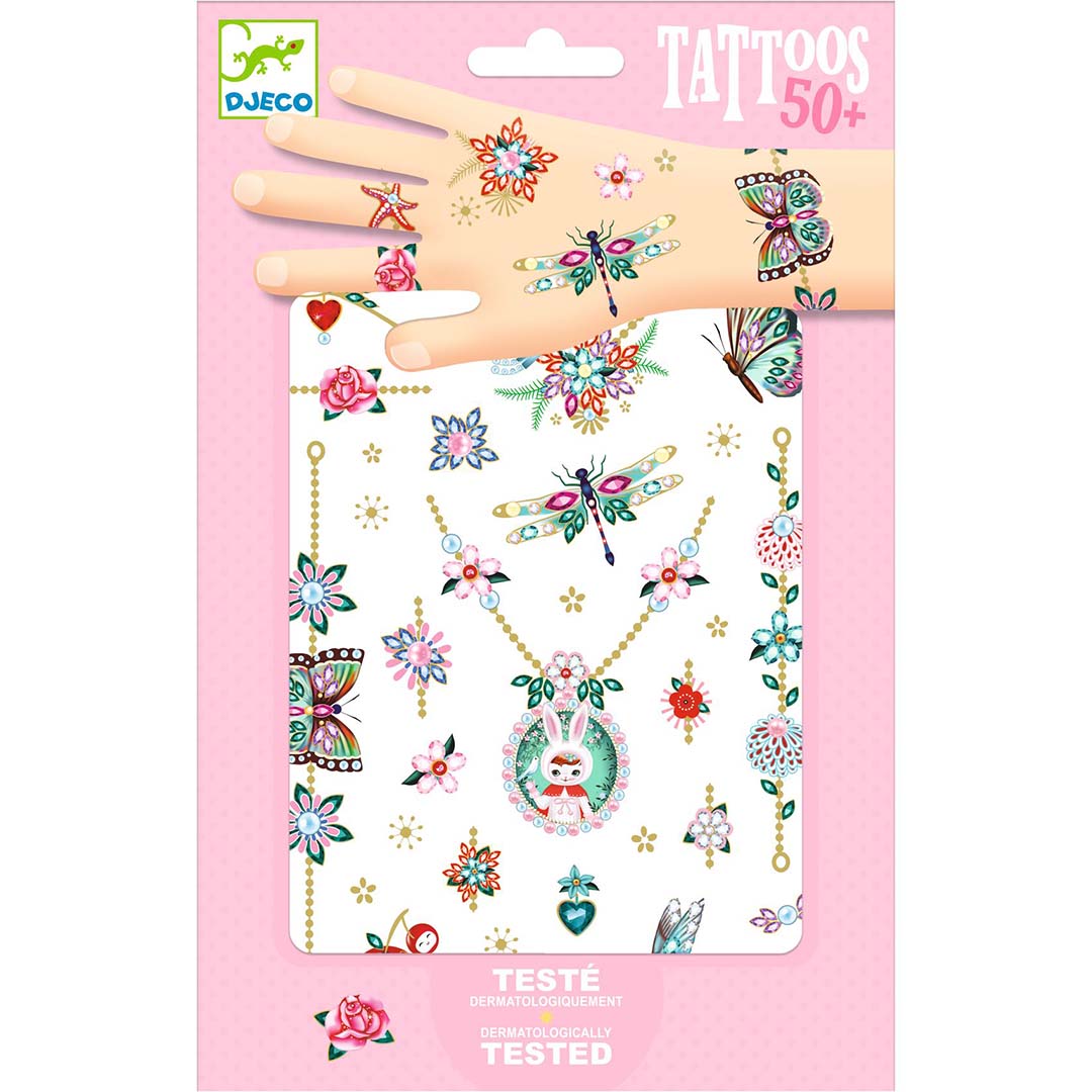 Djeco verpakking van tijdelijke tattoos met sieraden, dieren en bloemmotieven.