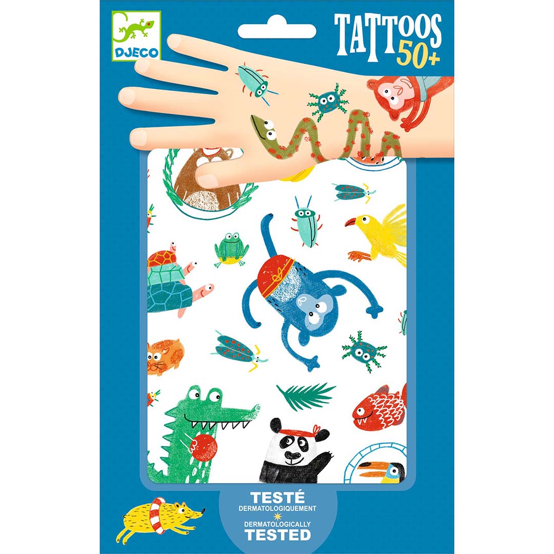 Djeco kindertattoos met dierenpatronen op de verpakking.