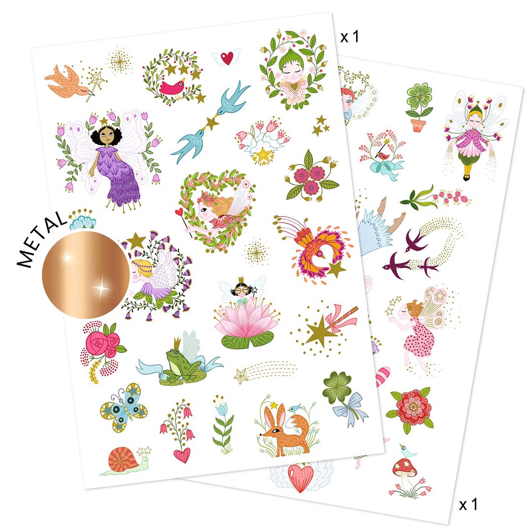 Twee vellen met diverse metallic tijdelijke tatoeages met sprookjesvrienden, bloemen en dieren.