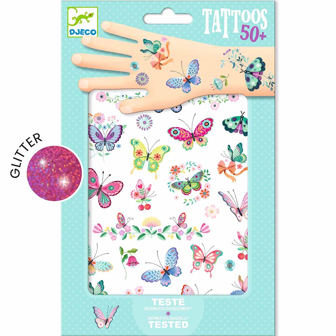 Djeco verpakking van tijdelijke tatoeages voor kinderen met vlinders, bloemen en glittereffect.