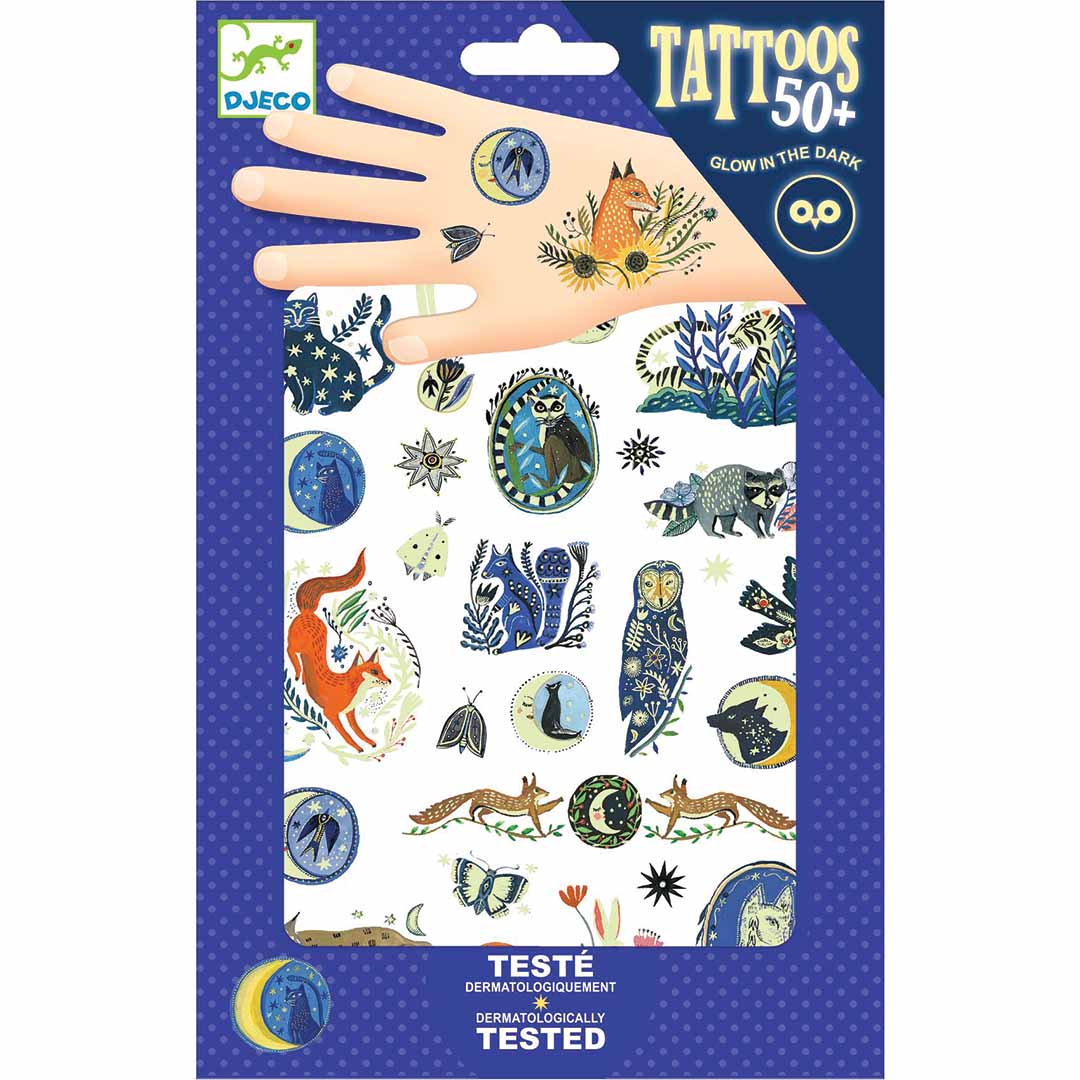 Djeco verpakking met glow-in-the-dark tijdelijke kindertatoeages met dieren- en natuurthema.