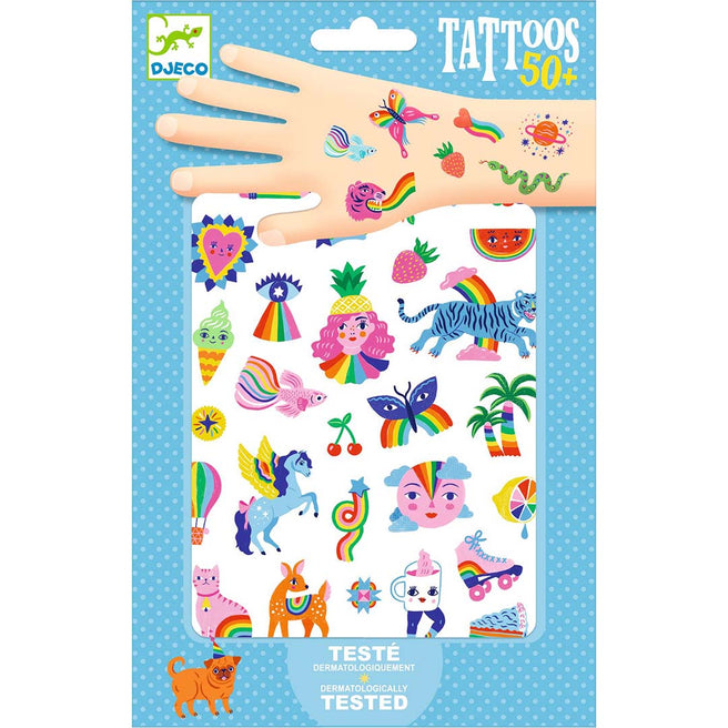 Djeco verpakking van tijdelijke tatoeages voor kinderen met regenboog-, dieren- en natuurthema's.