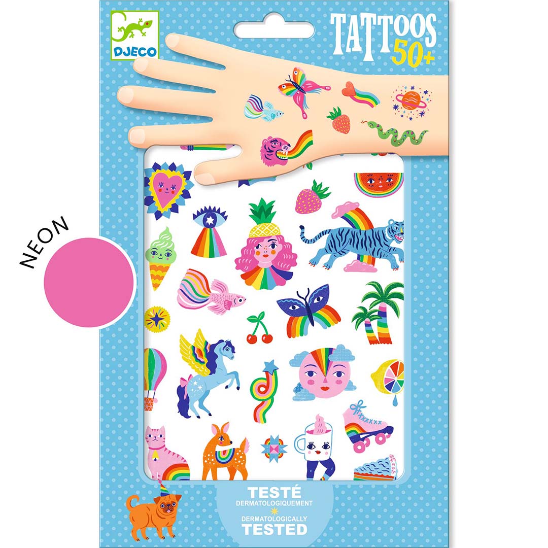 Djeco verpakking van tijdelijke tatoeages voor kinderen met regenboog-, dieren- en neonontwerpen.