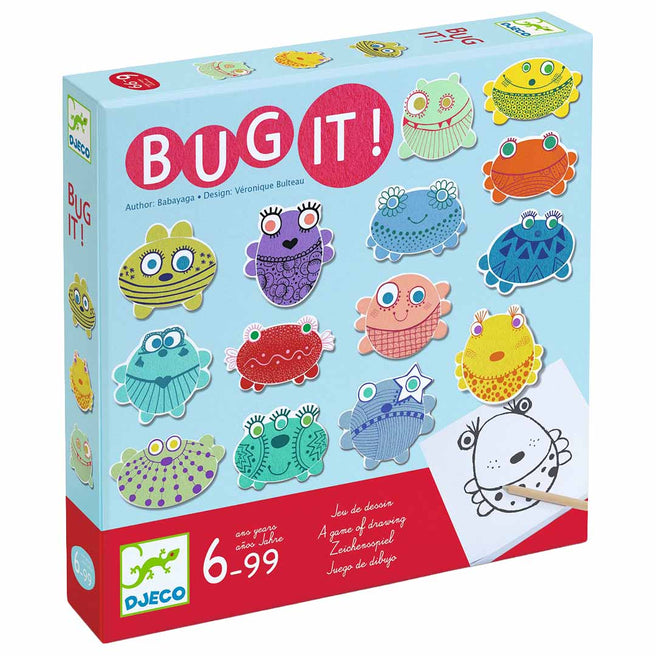 Djeco Bug It! teken- observatie- en snelheidsspel verpakking met kleurrijke insecten.