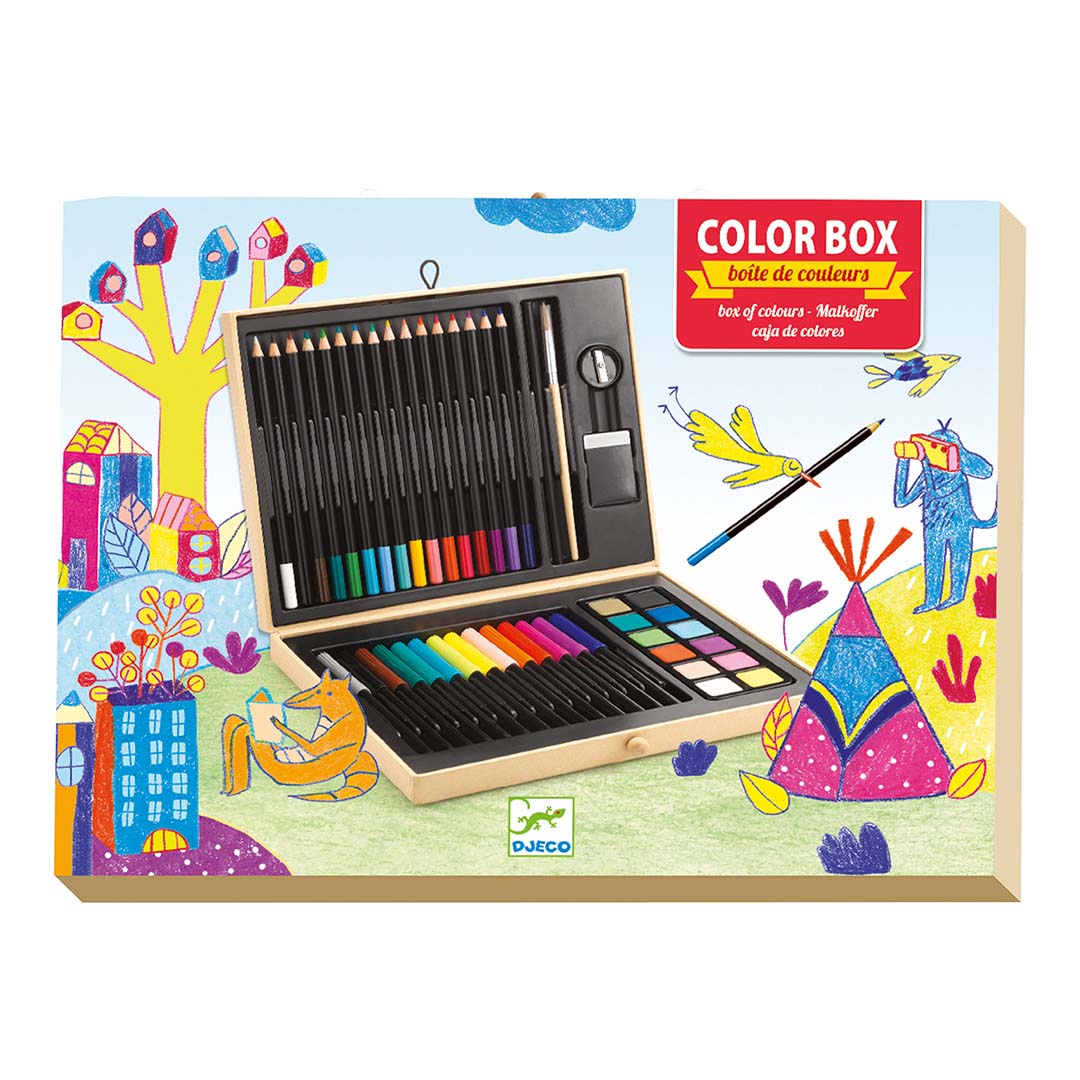 De verpakking van de Djeco tekendoos met een kleurrijke illustratie van een fantasielandschap en de inhoud.