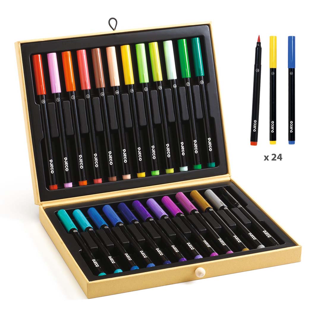 Djeco tekendoos met 24 viltstiften in diverse kleuren.