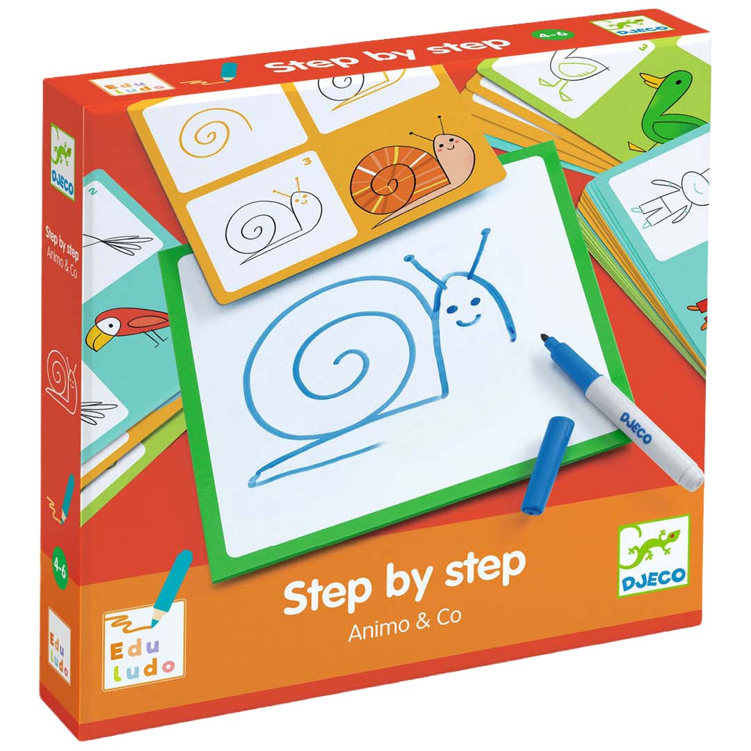 Djeco Step by Step Animo & Co tekenkaarten verpakking met een getekende slak en voorbeeldkaarten.
