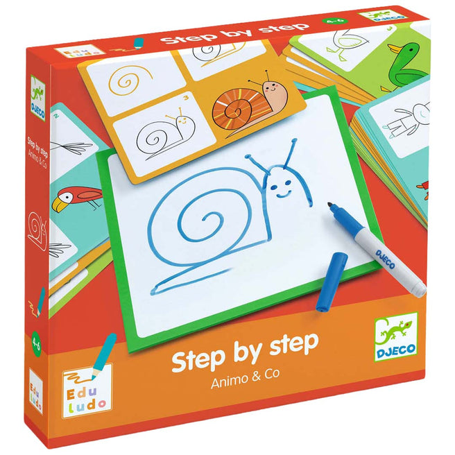 Djeco Step by Step Animo & Co tekenkaarten verpakking met een getekende slak en voorbeeldkaarten.