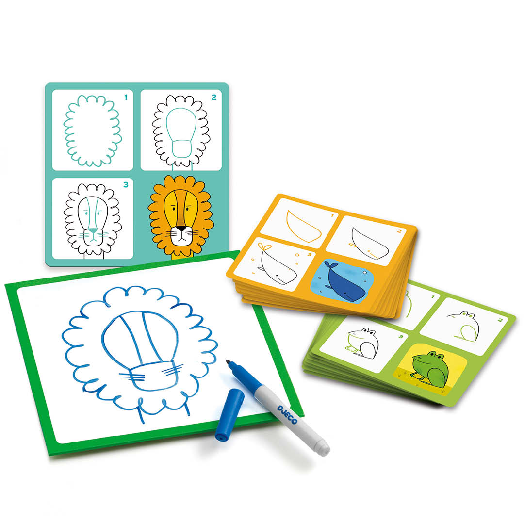 Djeco tekenkaarten set met een getekende leeuw, een marker en stap-voor-stap kaarten voor dieren.
