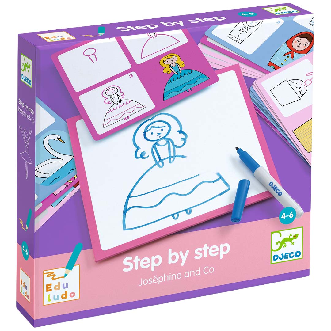 Djeco tekenkaarten 'Step by step Joséphine and Co' verpakking met een tekenbord, marker en instructiekaarten voor het tekenen van een prinses.