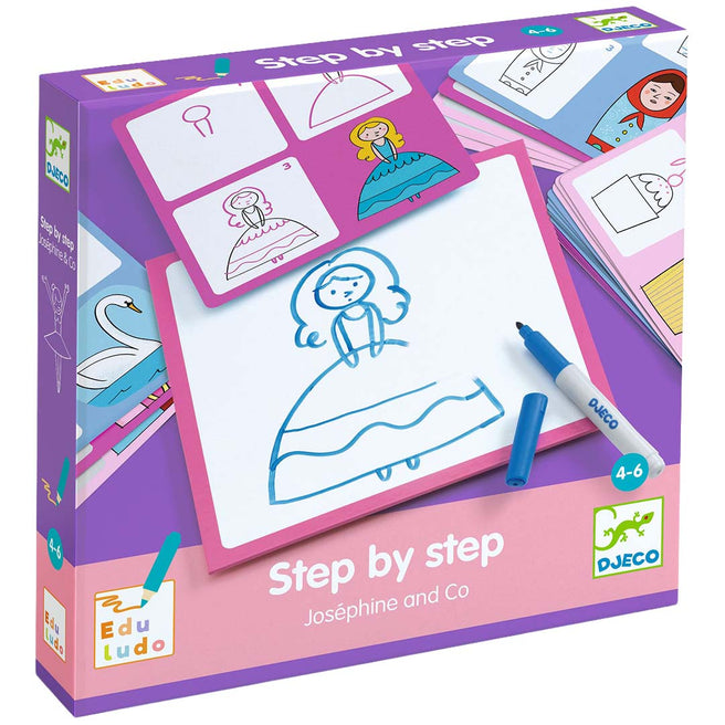 Djeco tekenkaarten 'Step by step Joséphine and Co' verpakking met een tekenbord, marker en instructiekaarten voor het tekenen van een prinses.