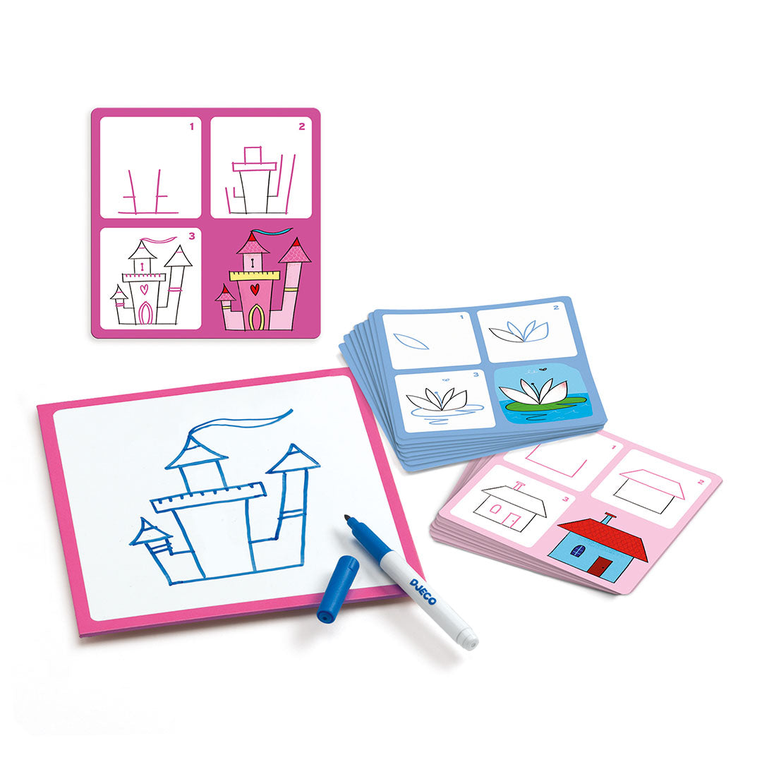 Djeco tekenkaarten set met een tekenbord waarop een kasteel is getekend, een marker en instructiekaarten voor het stap voor stap tekenen van kastelen, waterlelies en huizen.