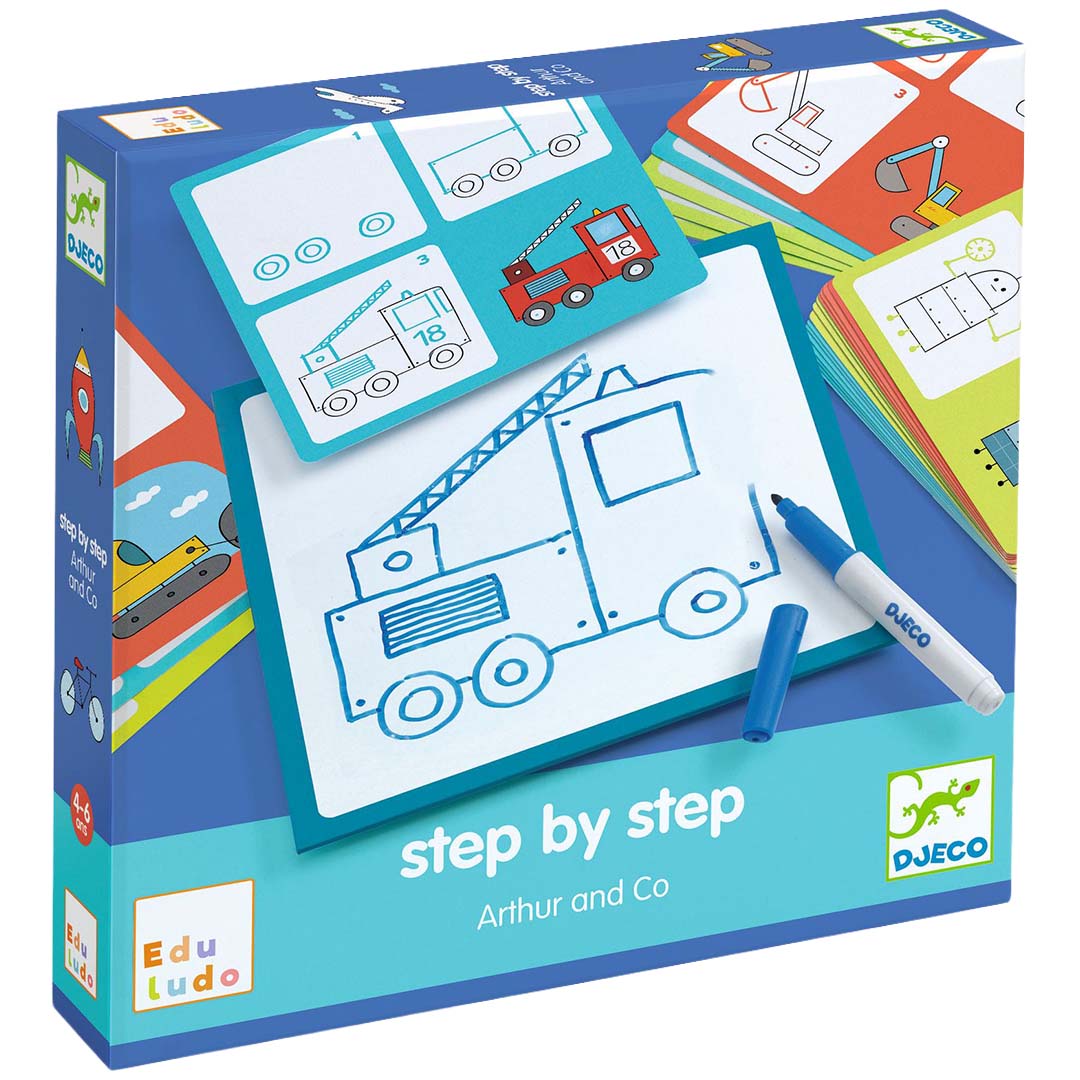 Djeco tekenkaarten hobbyset verpakking met een brandweerwagen die stap voor stap wordt getekend.