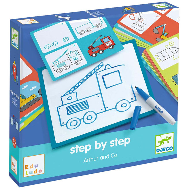 Djeco tekenkaarten hobbyset verpakking met een brandweerwagen die stap voor stap wordt getekend.