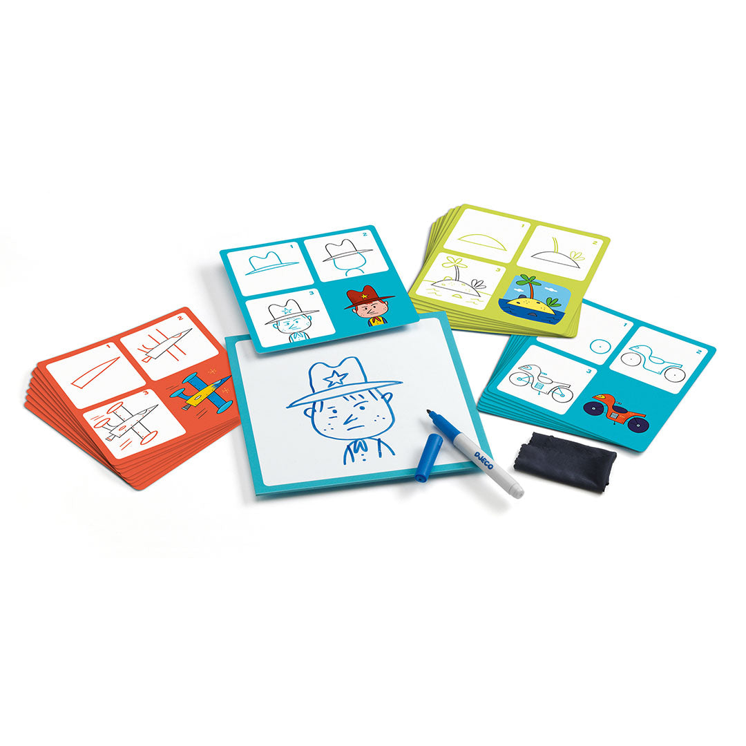Djeco tekenkaarten hobbyset met kaarten voor het stap voor stap tekenen van voertuigen, figuren en landschappen.