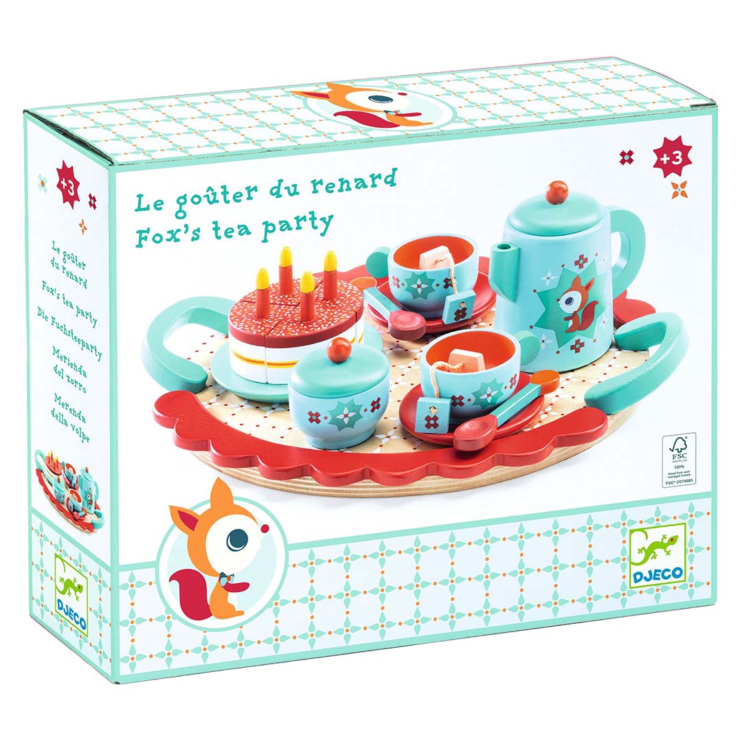 De productverpakking van het Djeco houten theeserviesje vosje met een illustratie van de inhoud.